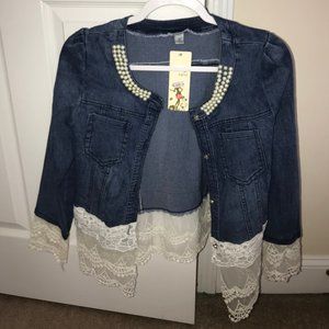 NWT-Elegant Denim Jacket with Lace and Pearl Accents